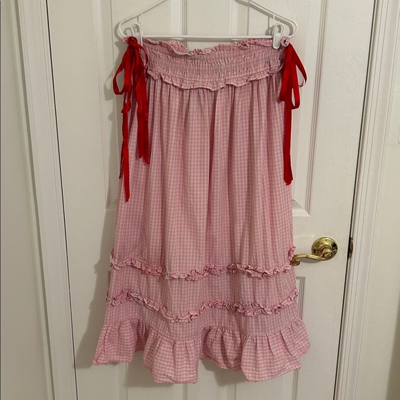 Damson Madder x Free People Pink Gingham Olivia Ruffle Midi Skirt Size 14, US 10 - Picture 7 of 16